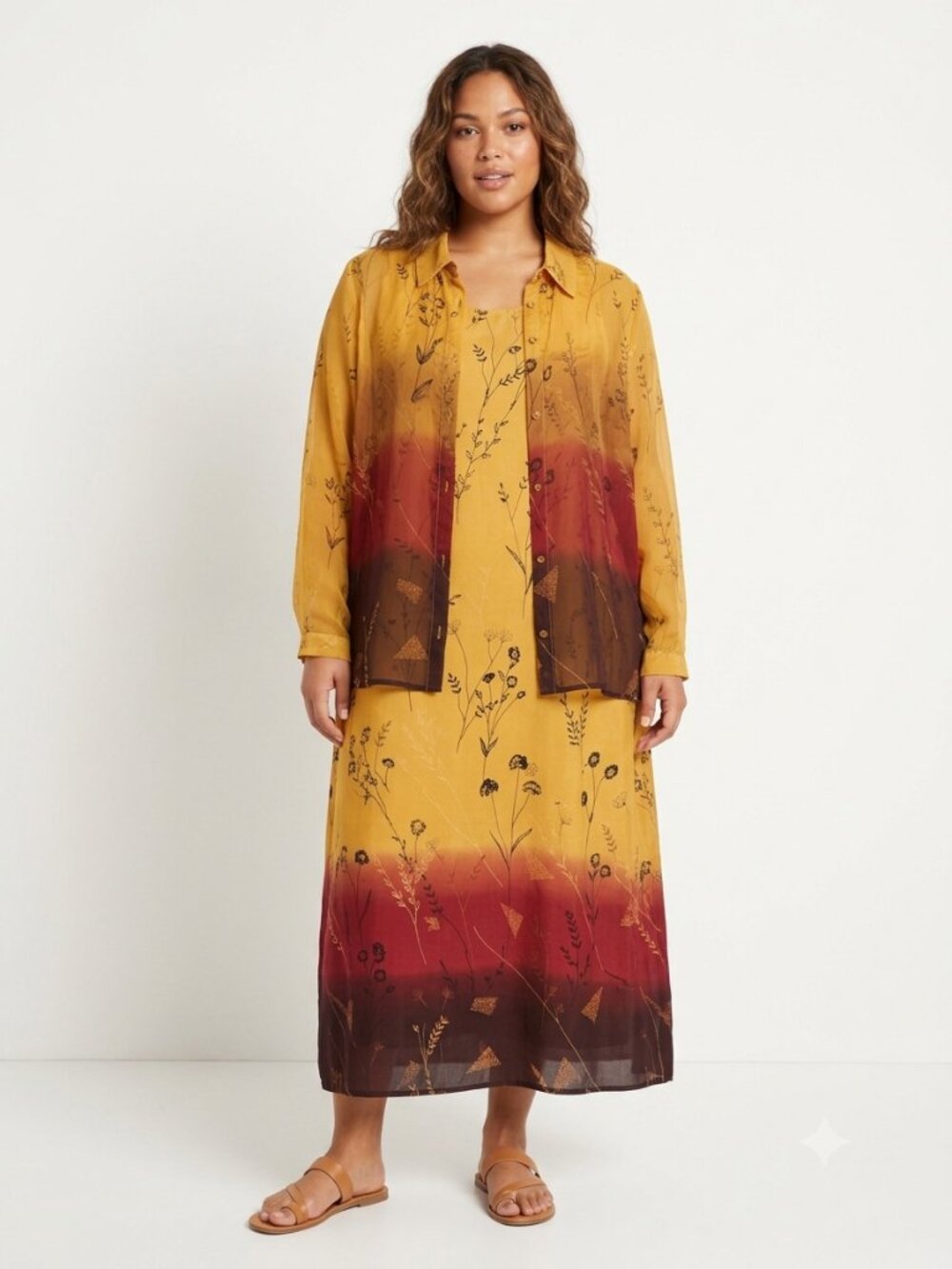 JM Collection Dress Blouse Set Maxi Mustard Boho Festival Floral 3X